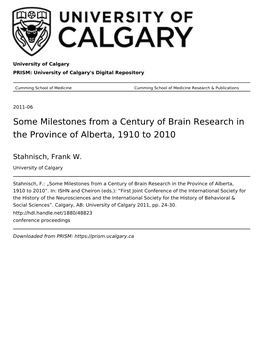 Some Milestones from a Century of Brain Research in the Province of Alberta, 1910 to 2010