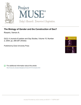 The Biology of Gender and the Construction of Sex? Rosario, Vernon A