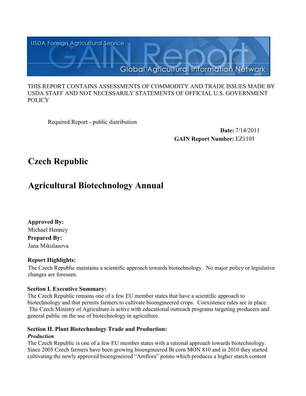 Agricultural Biotechnology Annual Czech Republic