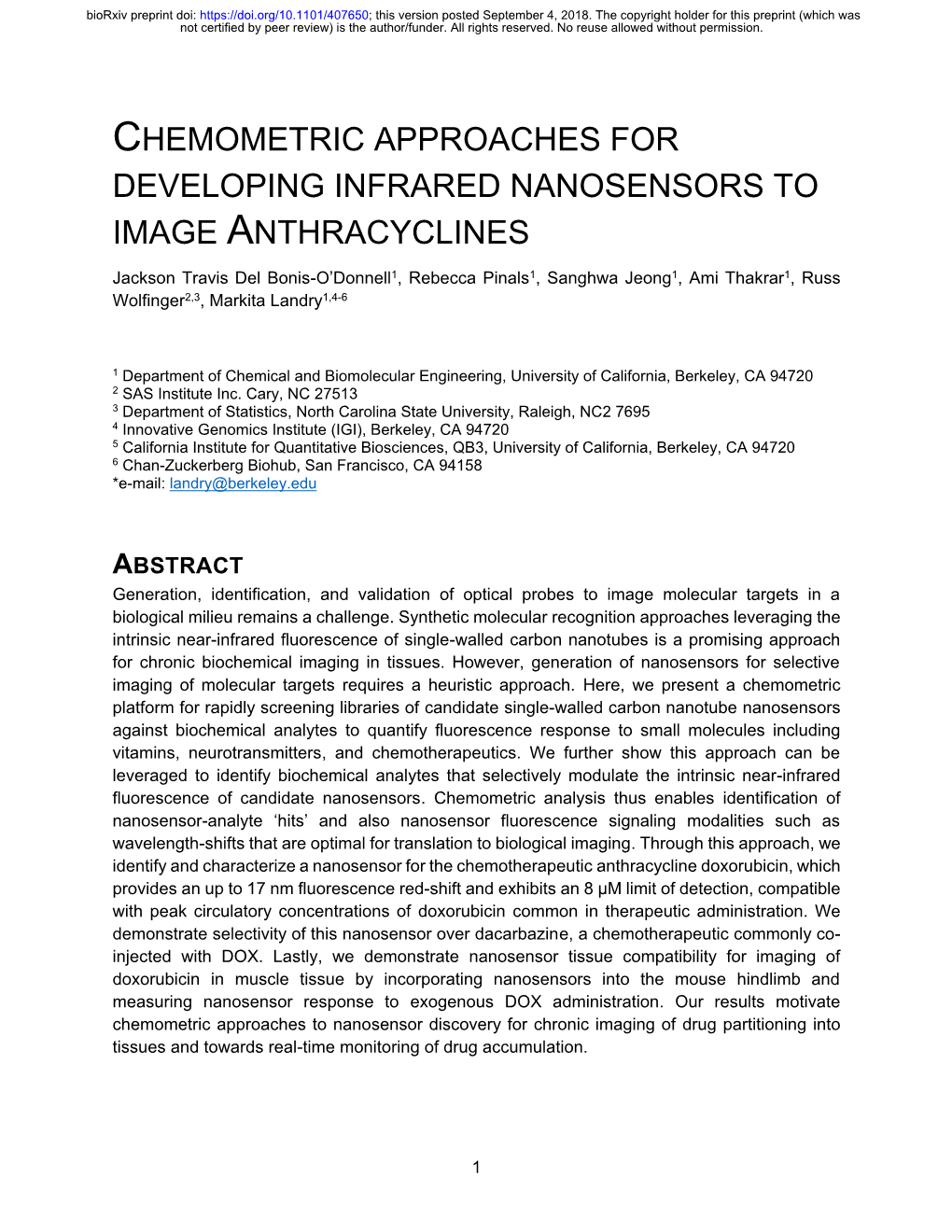 Chemometric Approaches for Developing Infrared Nanosensors to Image Anthracyclines