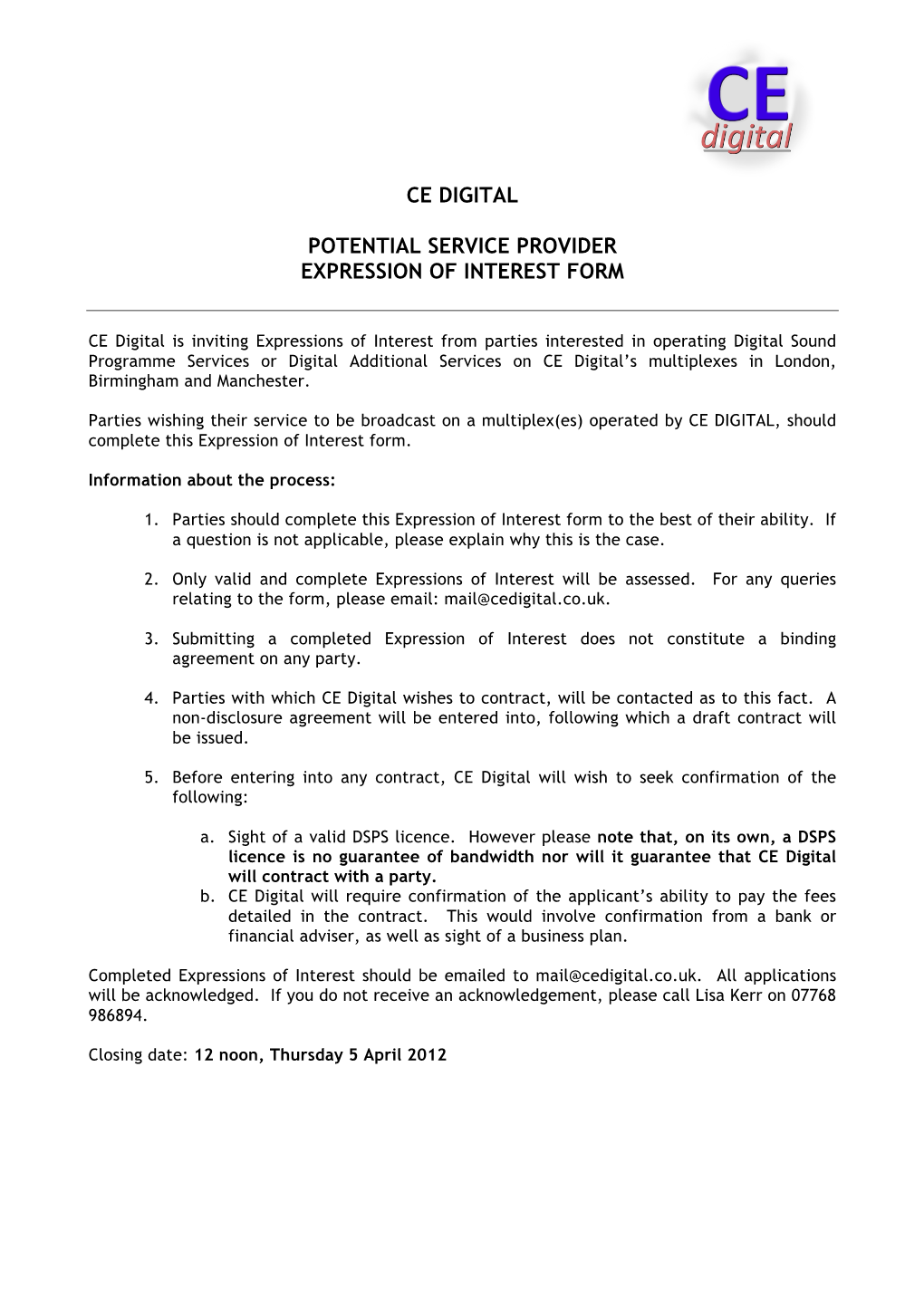 Ce Digital Potential Service Provider Expression of Interest Form