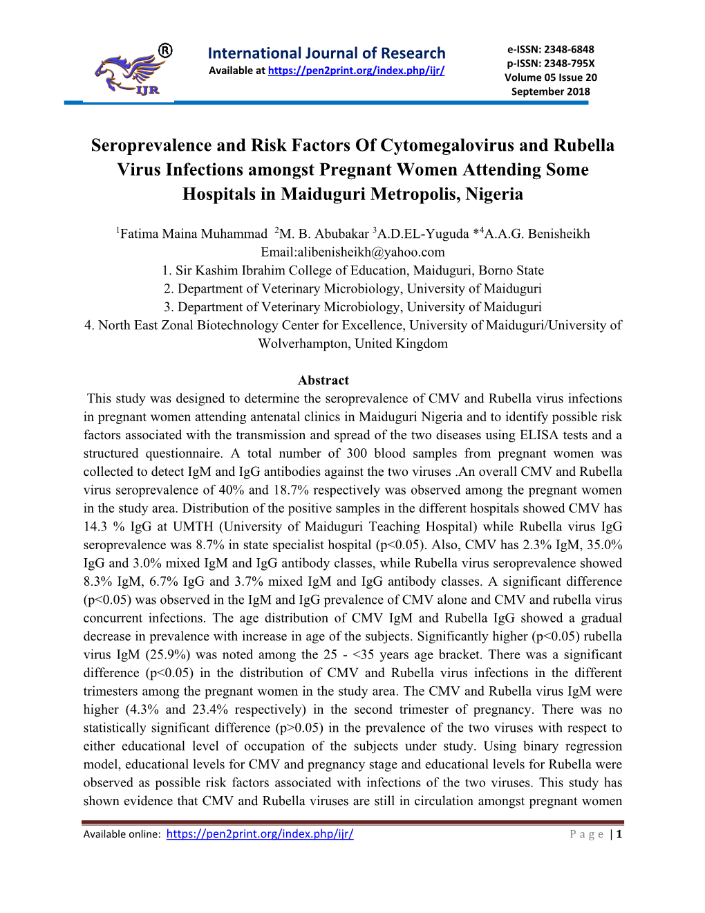 Seroprevalence and Risk Factors of Cytomegalovirus and Rubella Virus Infections Amongst Pregnant Women Attending Some Hospitals in Maiduguri Metropolis, Nigeria