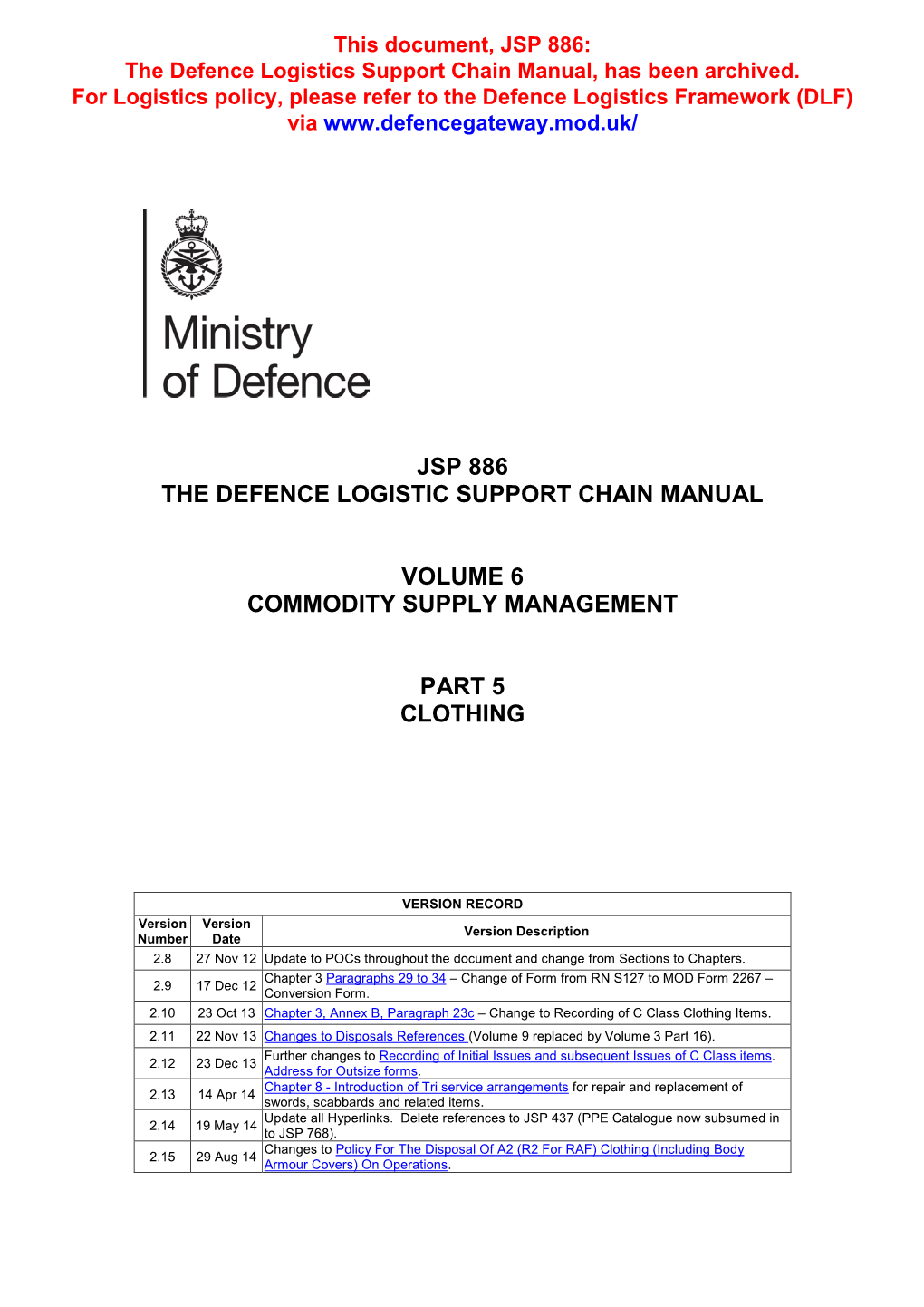 Jsp 886 the Defence Logistic Support Chain Manual
