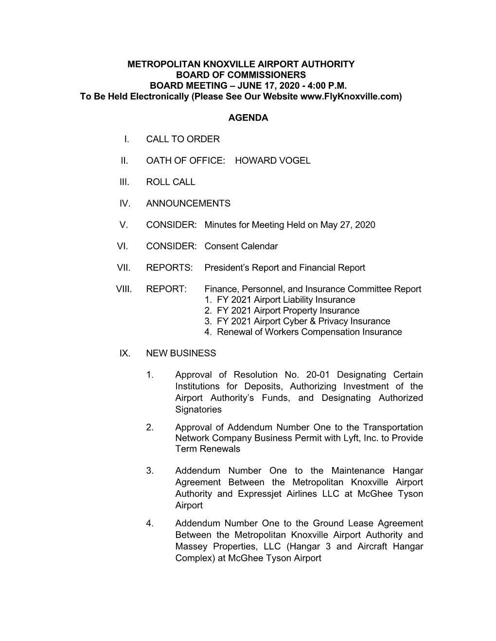 Metropolitan Knoxville Airport Authority Board of Commissioners Board Meeting – June 17, 2020 - 4:00 P.M