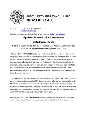 Spoleto Festival USA Announces 2014 Opera Casts