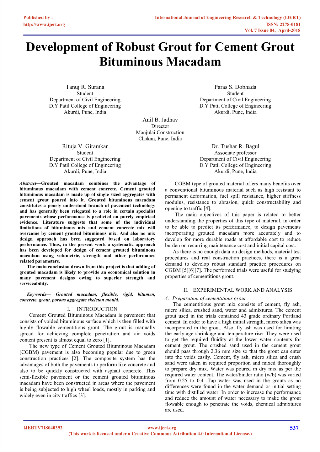 Development of Robust Grout for Cement Grout Bituminous Macadam