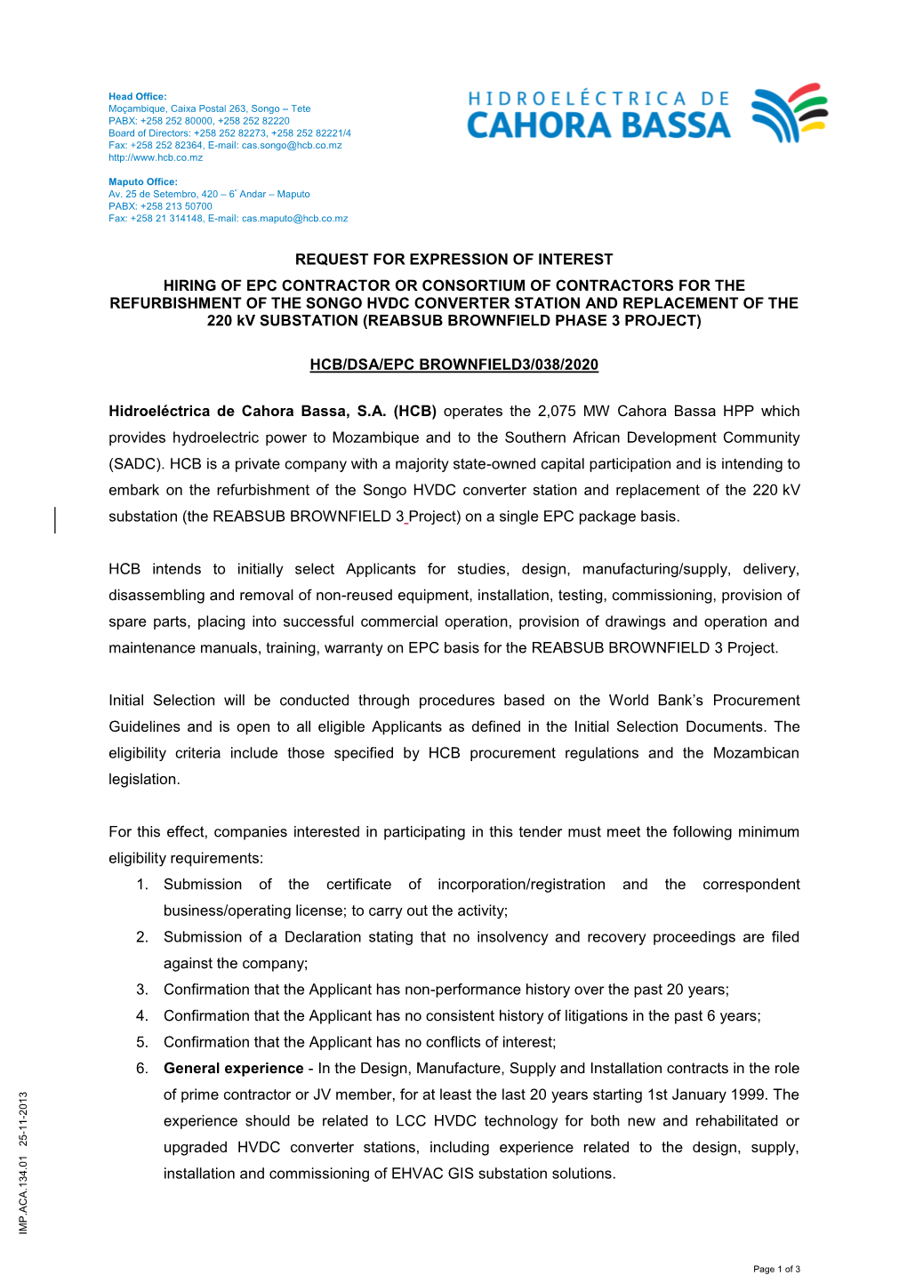 Request for Expression of Interest Hiring of Epc Contractor Or Consortium of Contractors for the Refurbishment of the Songo Hvdc
