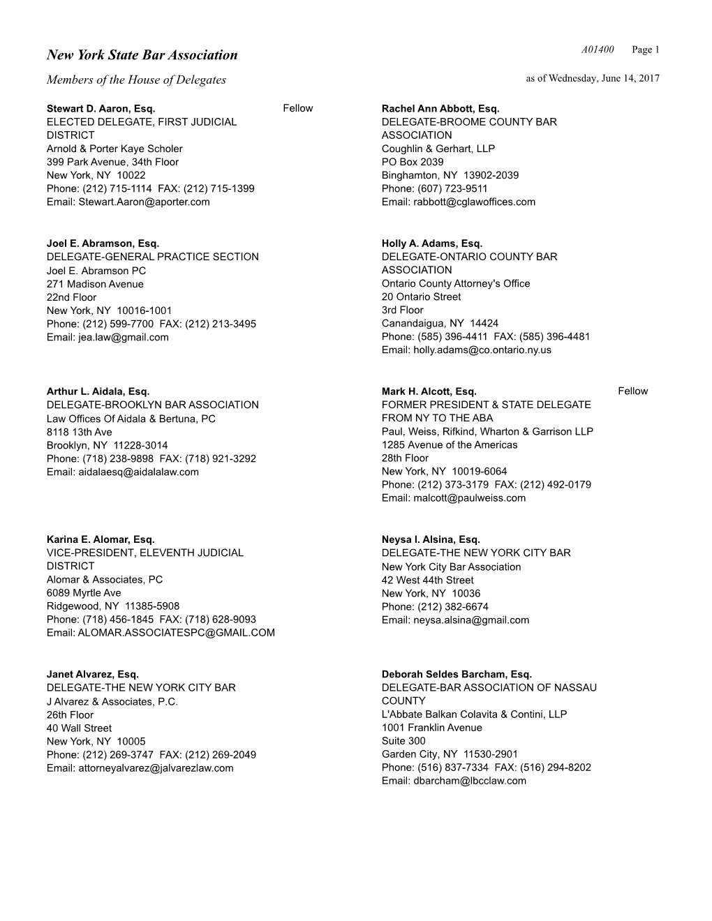 House of Delegates Roster, As of June 14, 2017