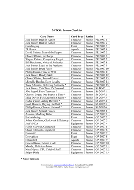 24 TCG: Promo Checklist Card Name Card Type Rarity # Jack Bauer
