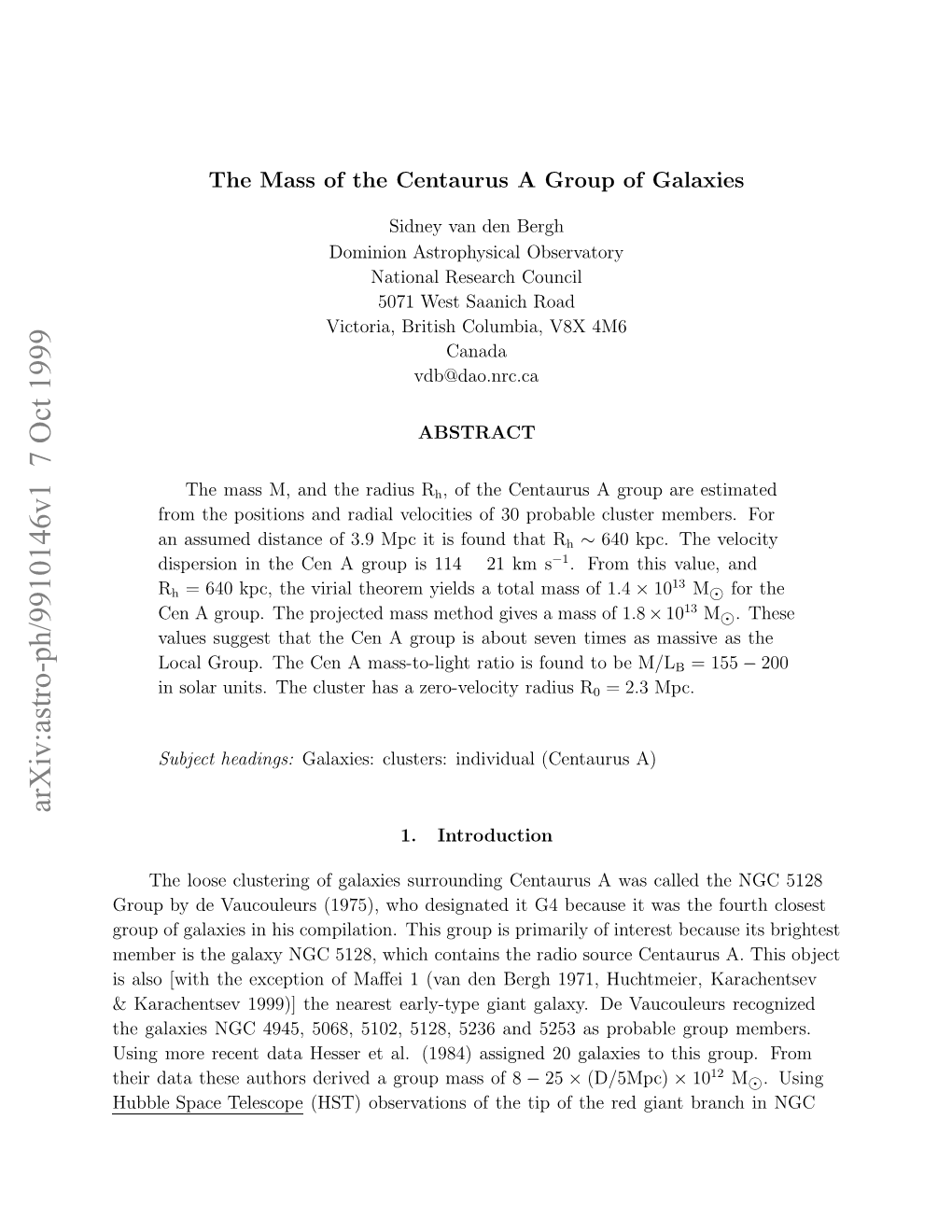 Arxiv:Astro-Ph/9910146V1 7 Oct 1999 Ubesaetelescope Space Hubble Hi Aateeatosdrvdagopms F8 to of Galaxies Mass 20 Group Assigned a Probab (1984) Derived As Authors Al