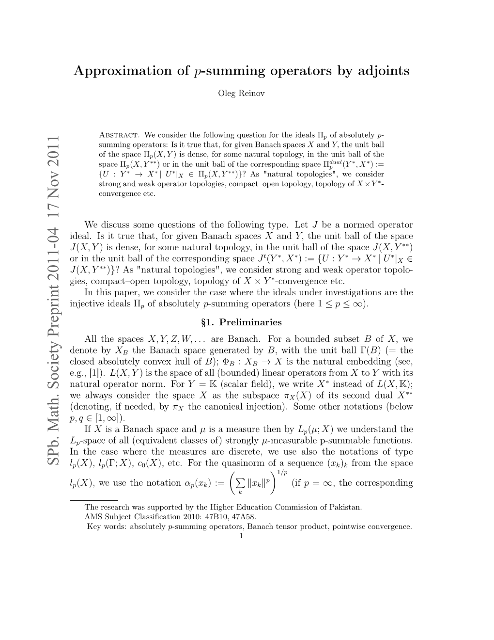 Spb. Math. Society Preprint 2011-04 17 Nov 2011 Aua Prtrnr.For Norm