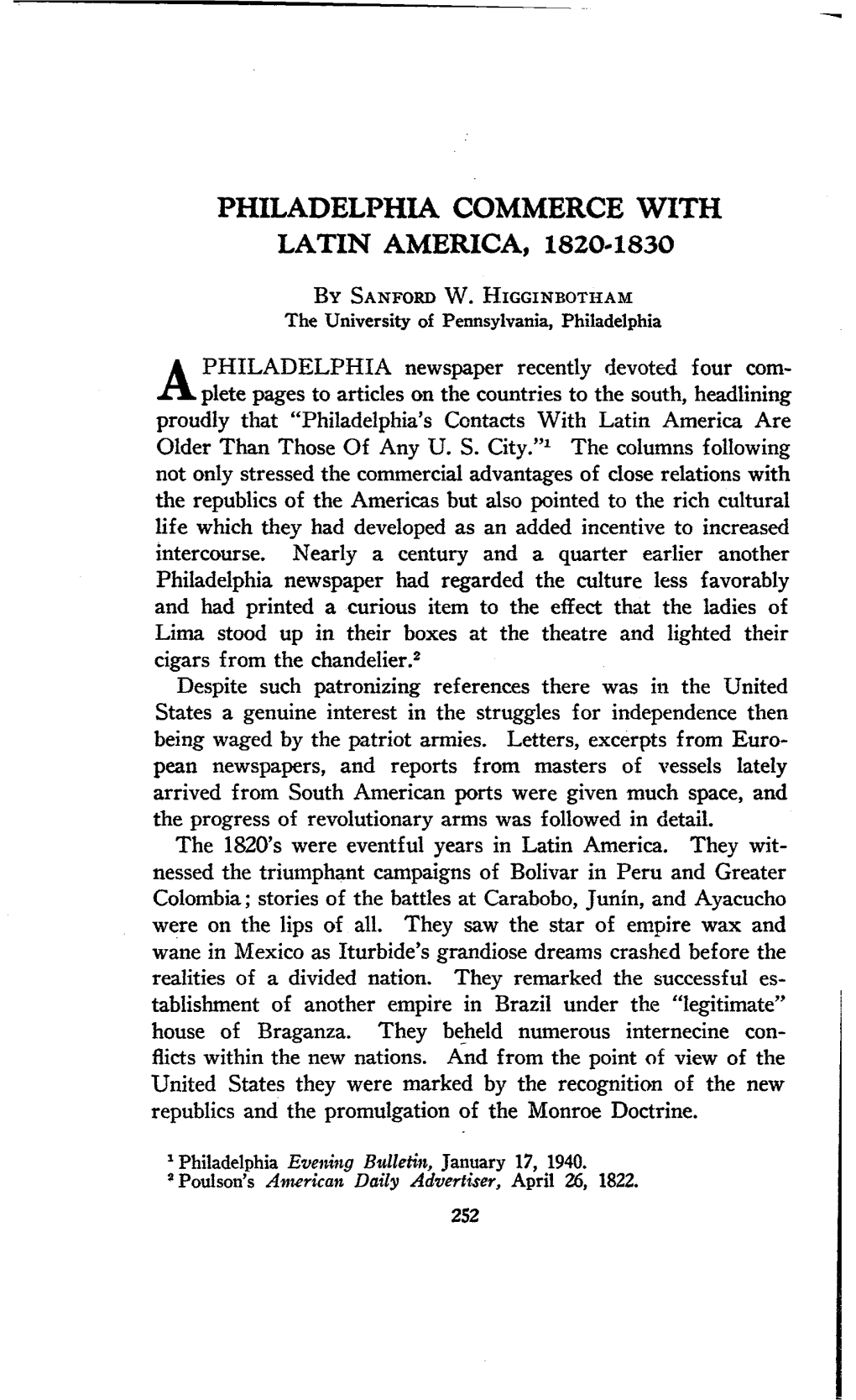 Philadelphia Commerce with Latin America, 1820-1830