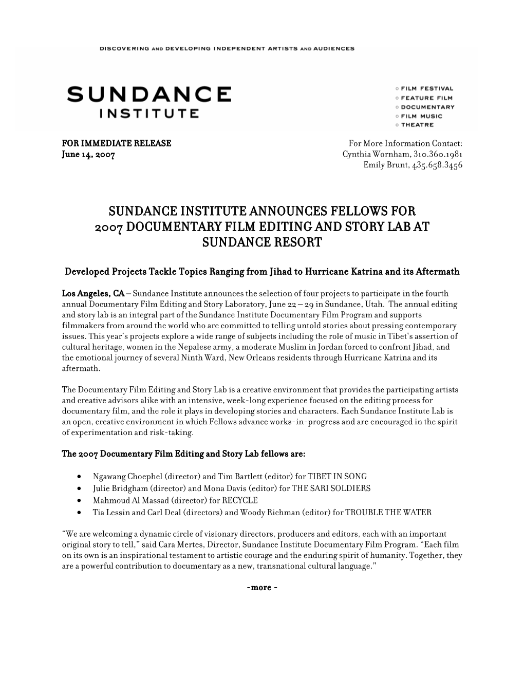 Sundance Institute Announces Fellows for 2007 Documentary Film Editing and Story Lab at Sundance Resort