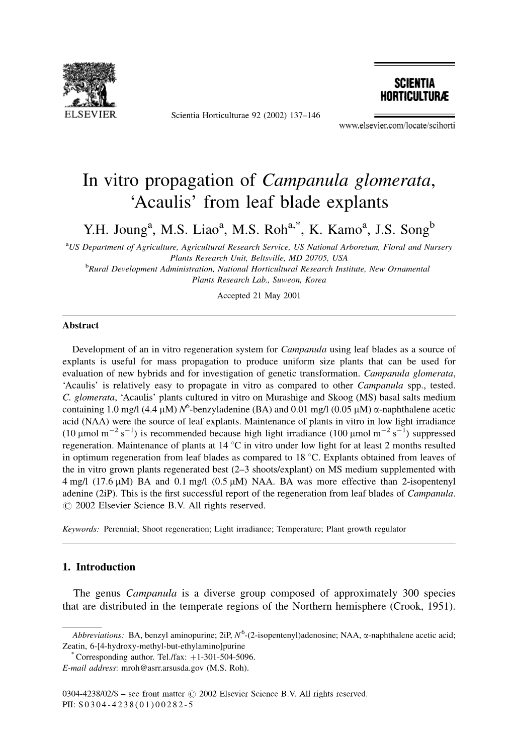 In Vitro Propagation of Campanula Glomerata, `Acaulis' from Leaf Blade Explants Y.H