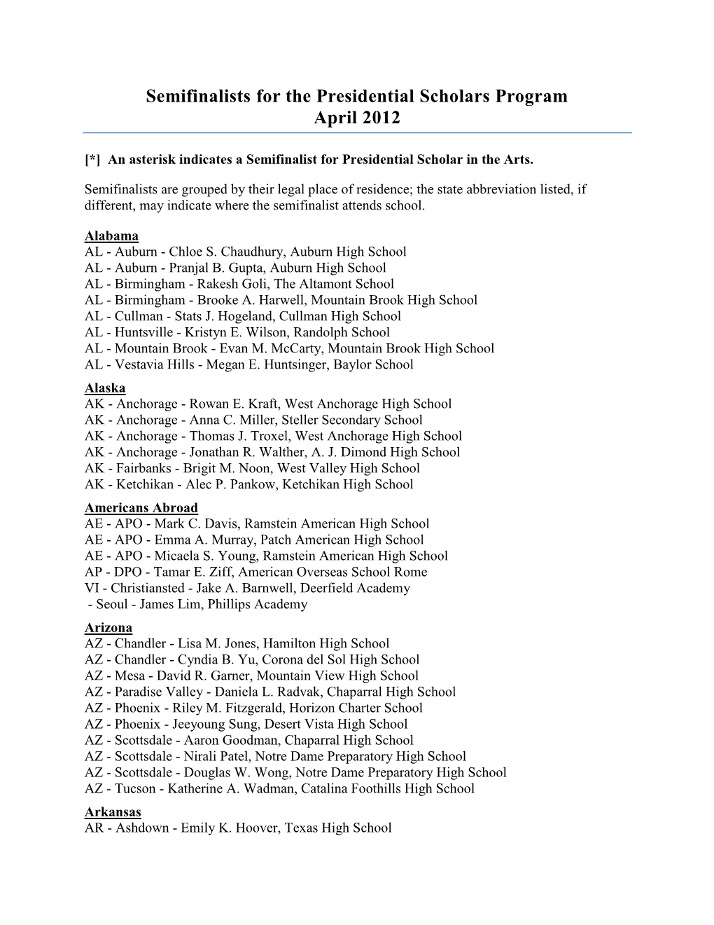 2012 Semifinalists for the Presidential Scholars Program -- April 2012 (PDF)