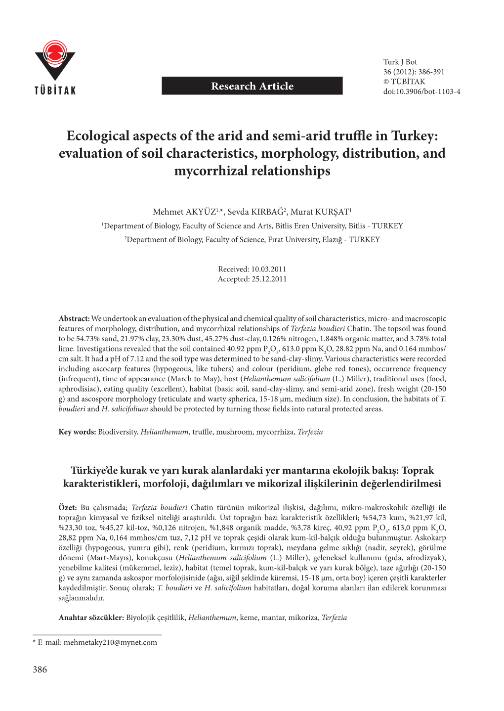 Ecological Aspects of the Arid and Semi-Arid Truffle in Turkey
