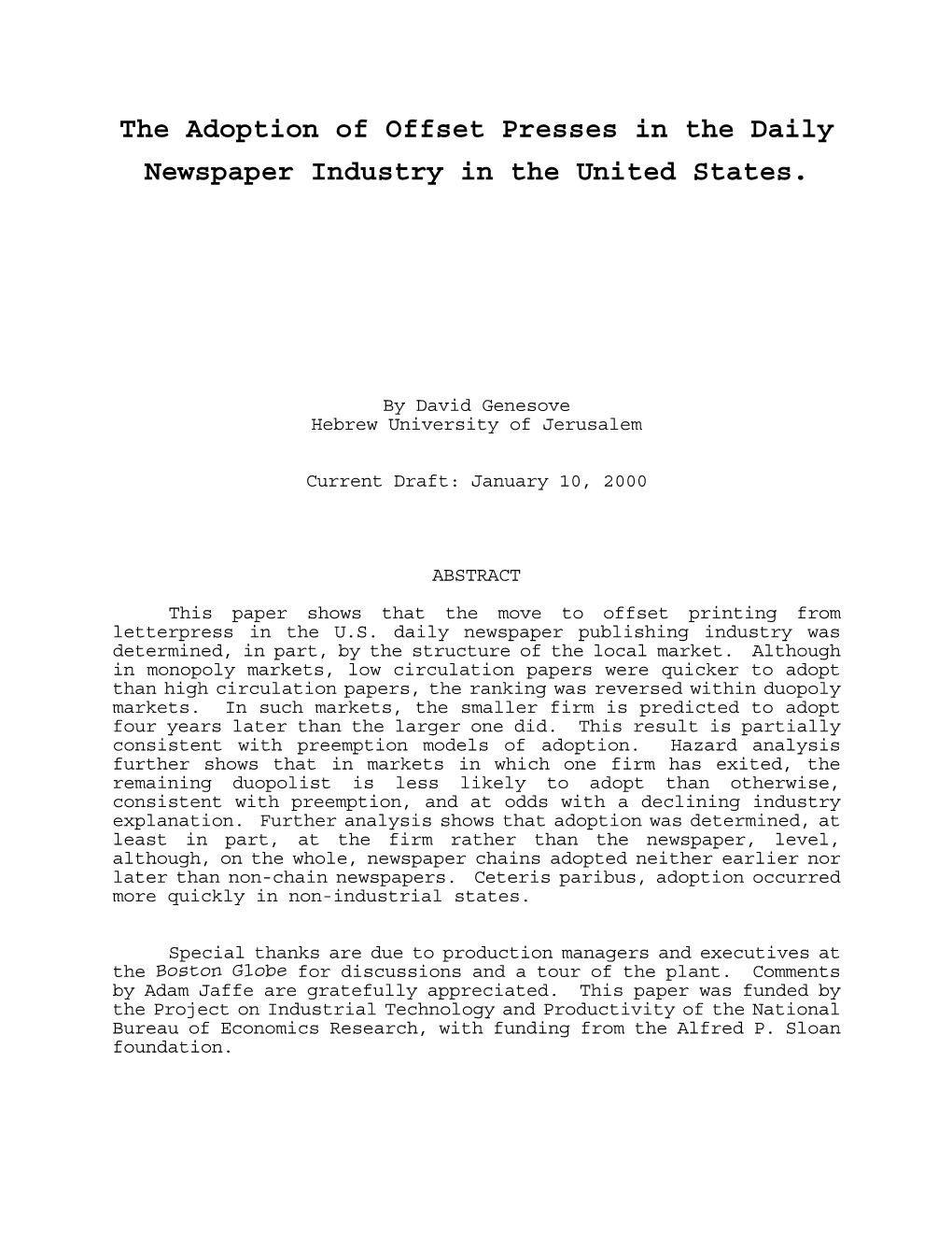 The Adoption of Offset Presses in the Daily Newspaper Industry in the United States