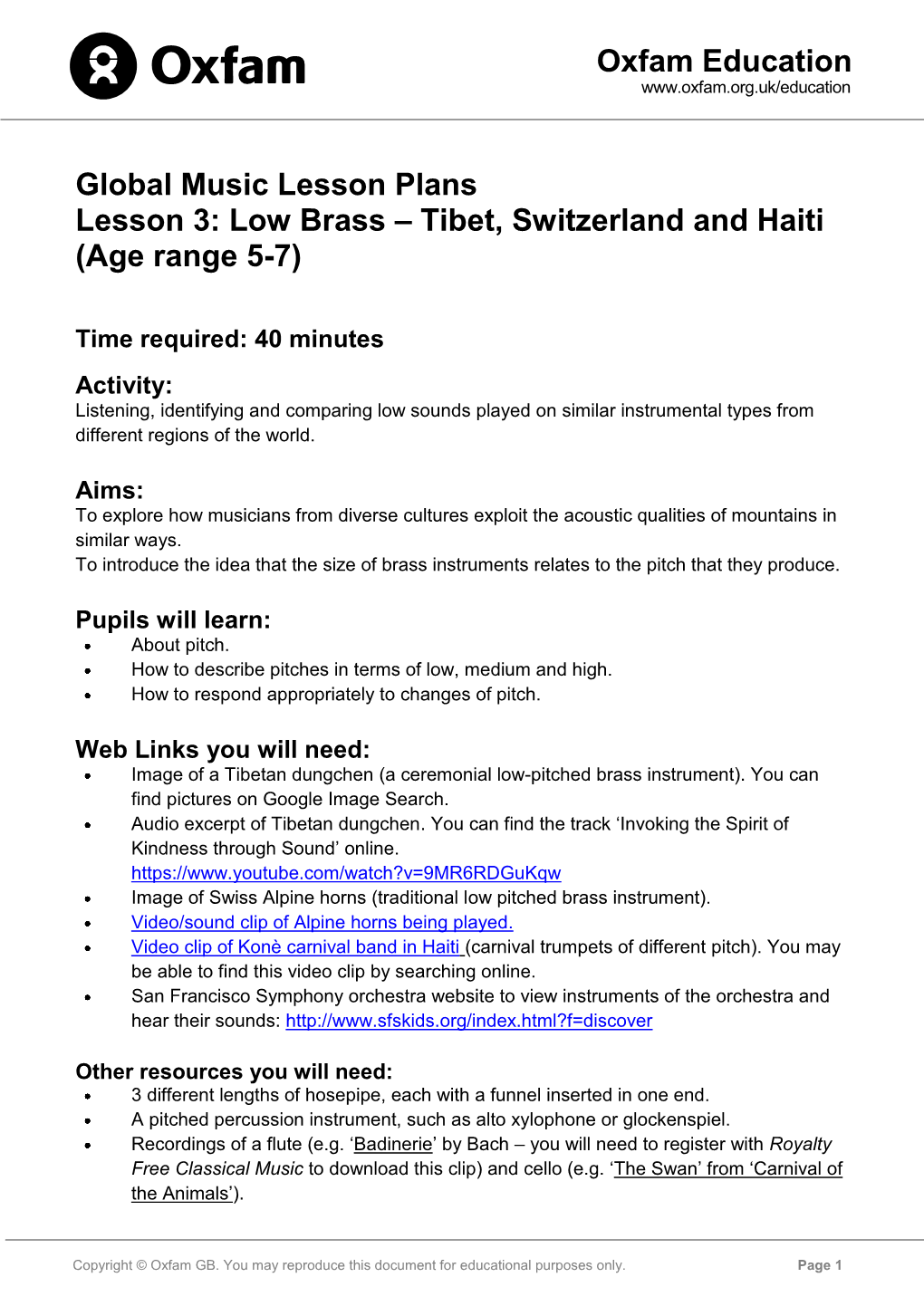 Low Brass – Tibet, Switzerland and Haiti (Age Range 5-7)