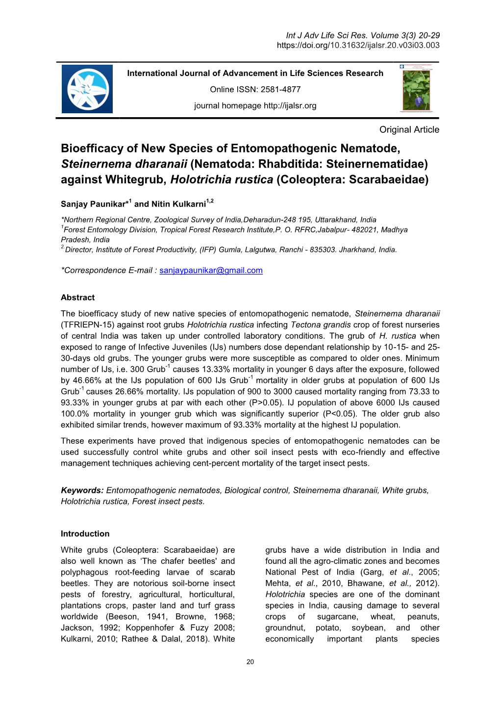 Bioefficacy of New Species of Entomopathogenic Nematode