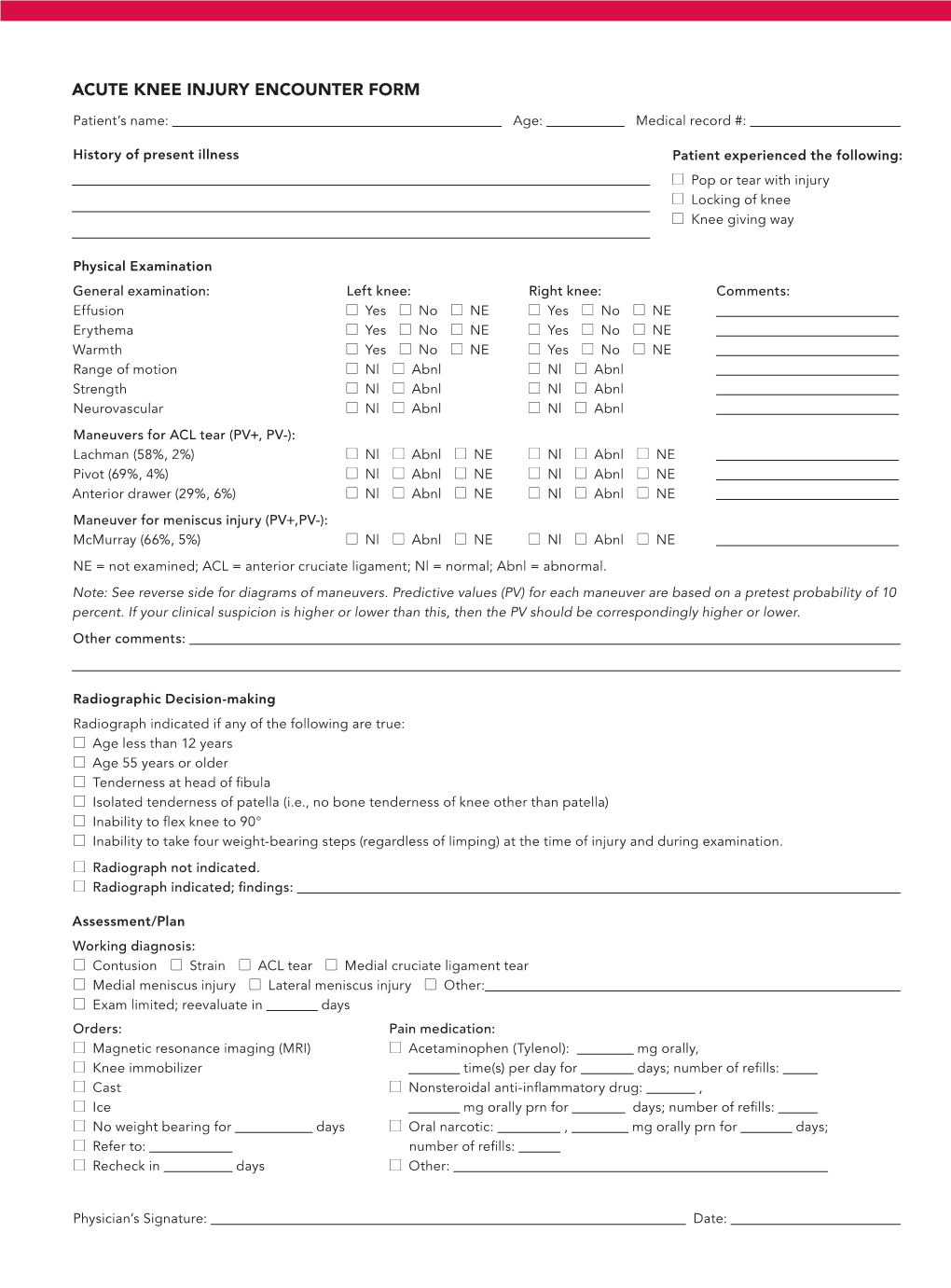 Acute Knee Injury Encounter Form