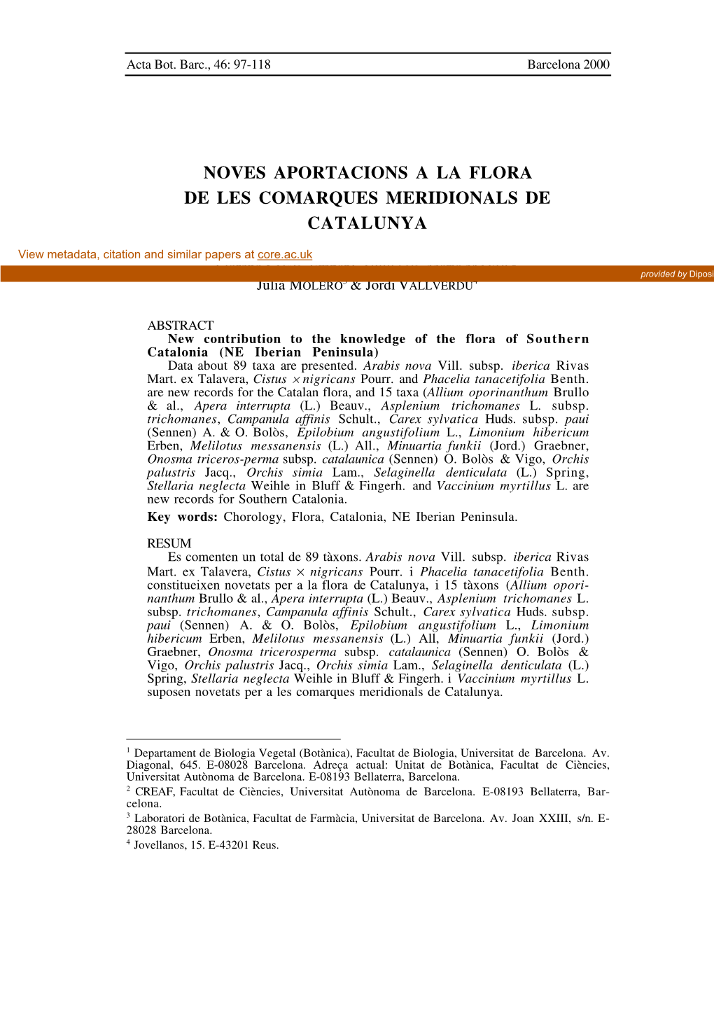 Noves Aportacions a La Flora De Les Comarques Meridionals De Catalunya