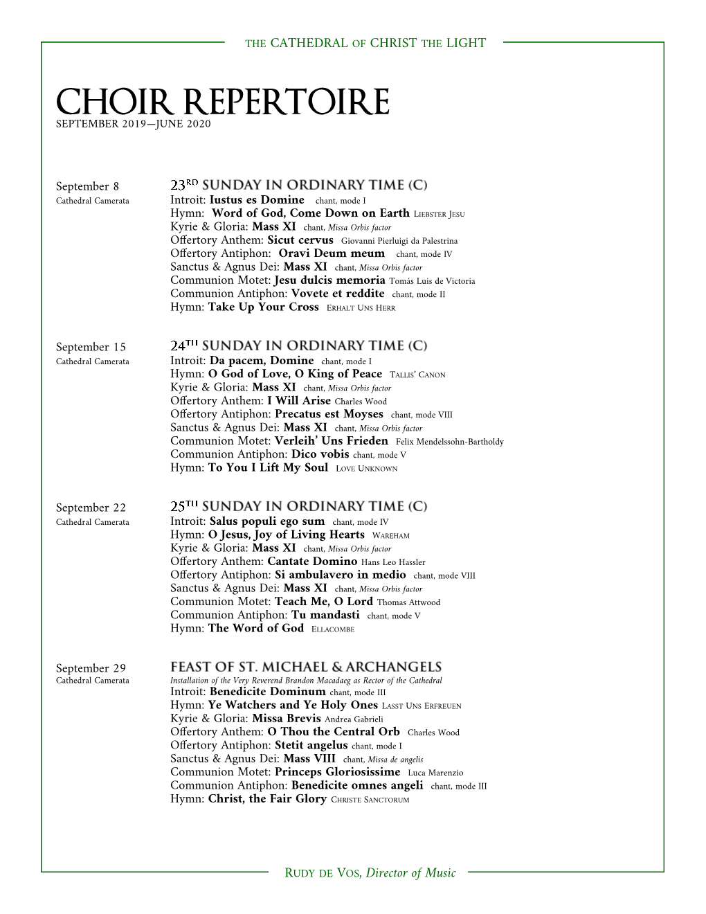 Choir Repertoire September 2019—June 2020