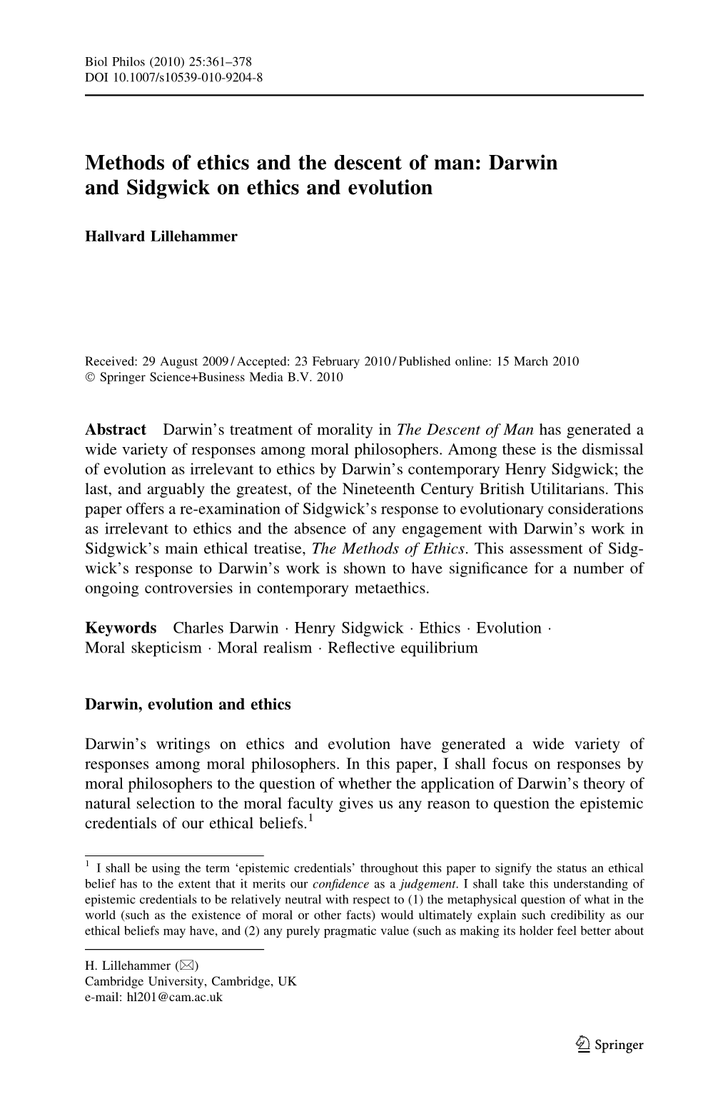 Methods of Ethics and the Descent of Man: Darwin and Sidgwick on Ethics and Evolution