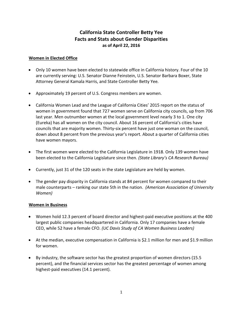 Controller Betty Yee Facts and Stats About Gender Disparities As of April 22, 2016