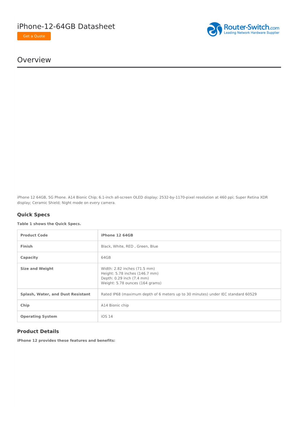 Iphone-12-64GB Datasheet Overview