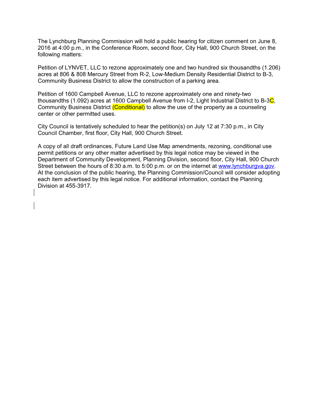 Petition of LYNVET, LLC to Rezone Approximately One and Two Hundred Six Thousandths (1.206)