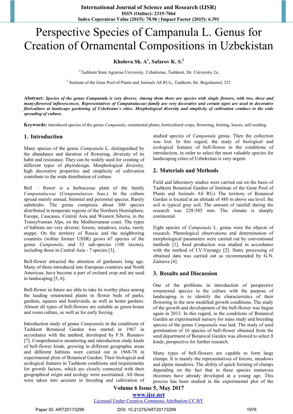 Perspective Species of Campanula L. Genus for Creation of Ornamental Compositions in Uzbekistan