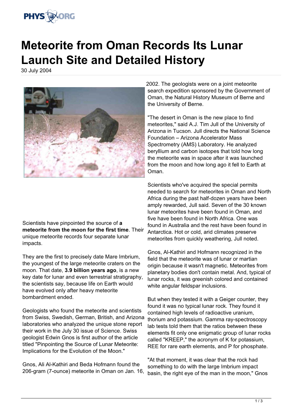 Meteorite from Oman Records Its Lunar Launch Site and Detailed History 30 July 2004