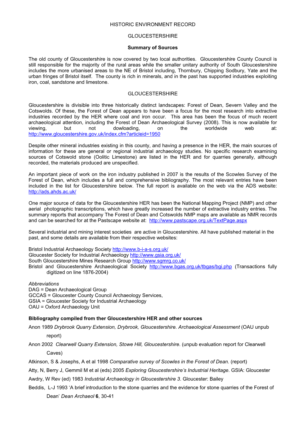 HISTORIC ENVIRONMENT RECORD GLOUCESTERSHIRE Summary Of