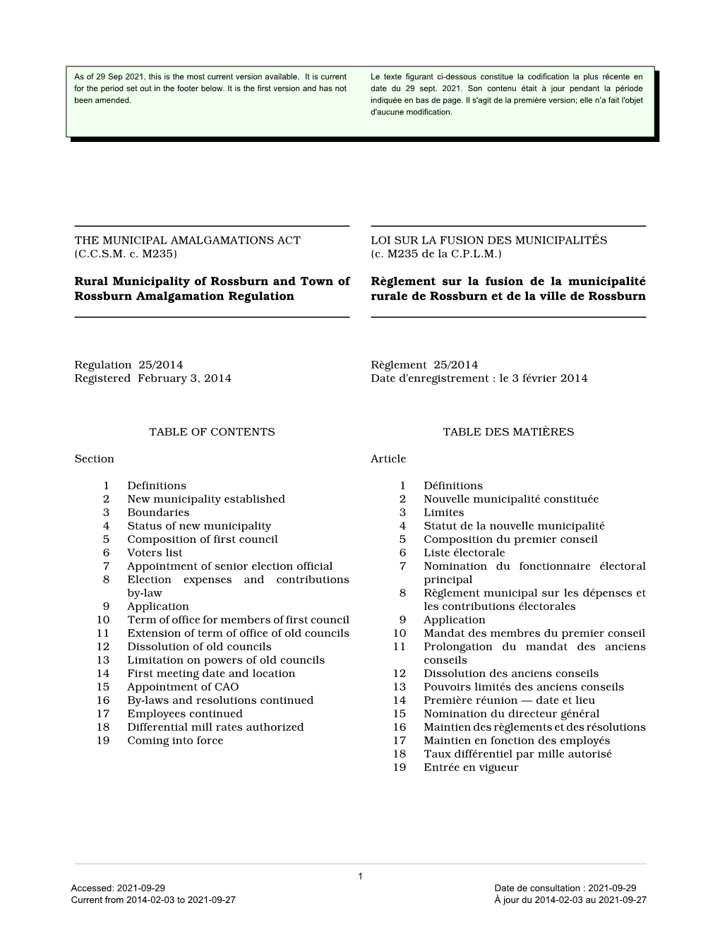 Rural Municipality of Rossburn and Town of Rossburn Amalgamation Regulation, M.R. 25/2014