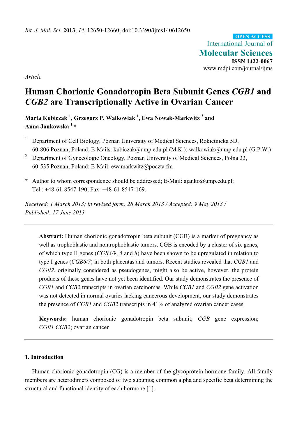 Human Chorionic Gonadotropin Beta Subunit Genes CGB1 and CGB2 Are Transcriptionally Active in Ovarian Cancer