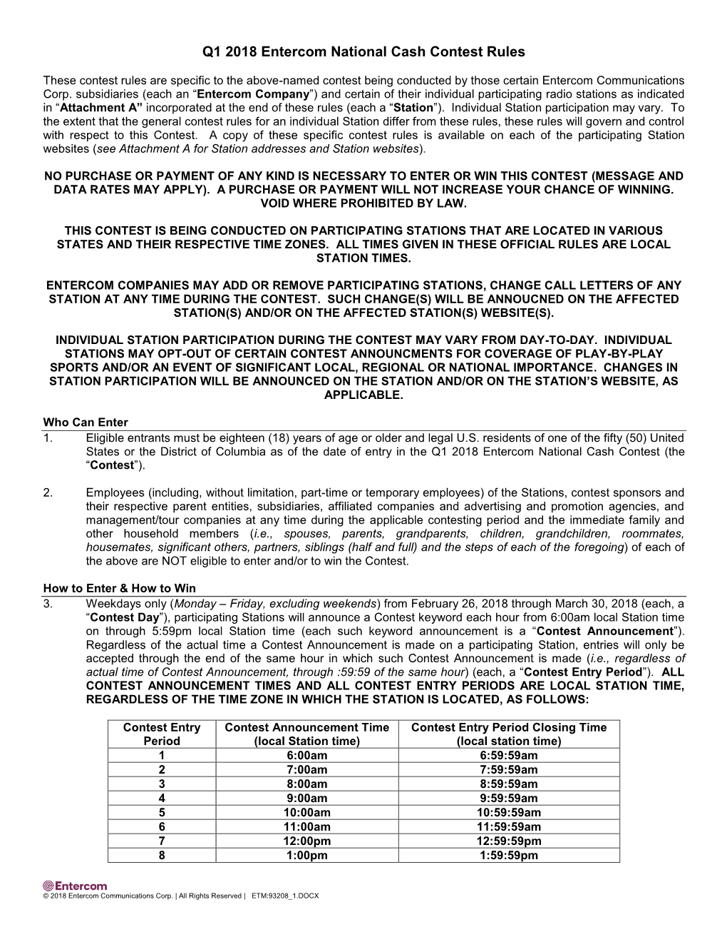 Q1 2018 Entercom National Cash Contest Rules