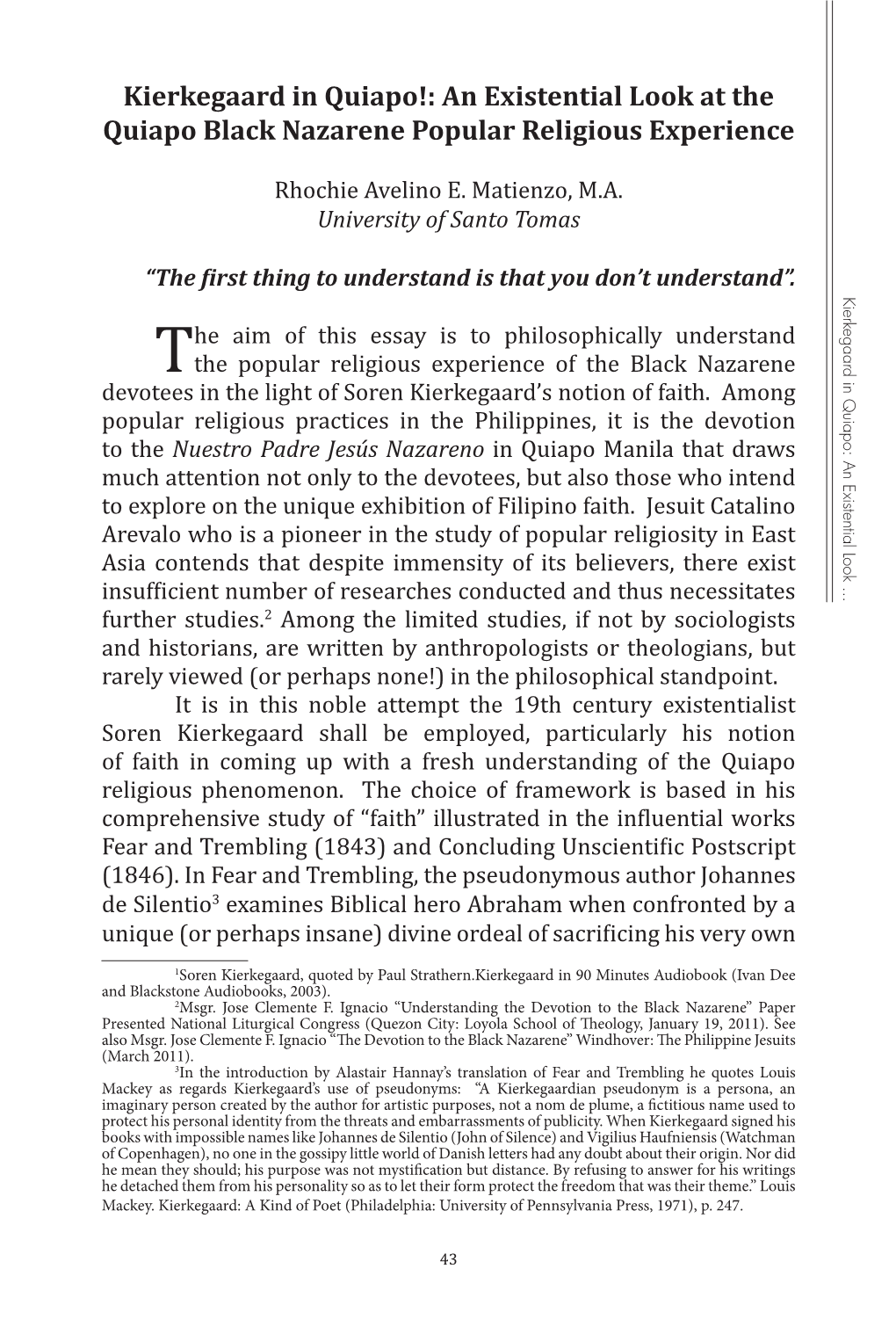 Kierkegaard in Quiapo!: an Existential Look at the Quiapo Black Nazarene Popular Religious Experience