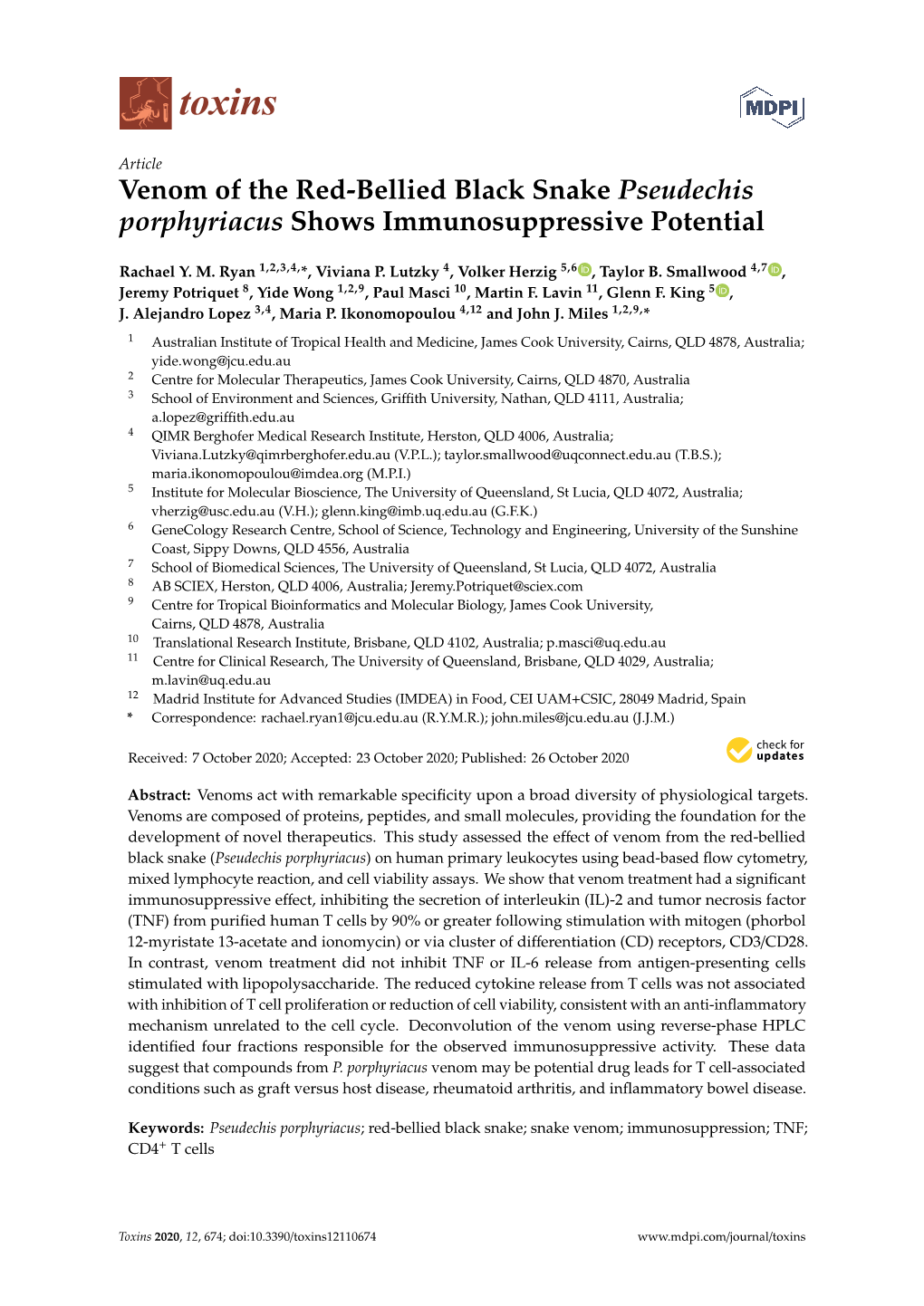 Venom of the Red-Bellied Black Snake Pseudechis Porphyriacus Shows Immunosuppressive Potential