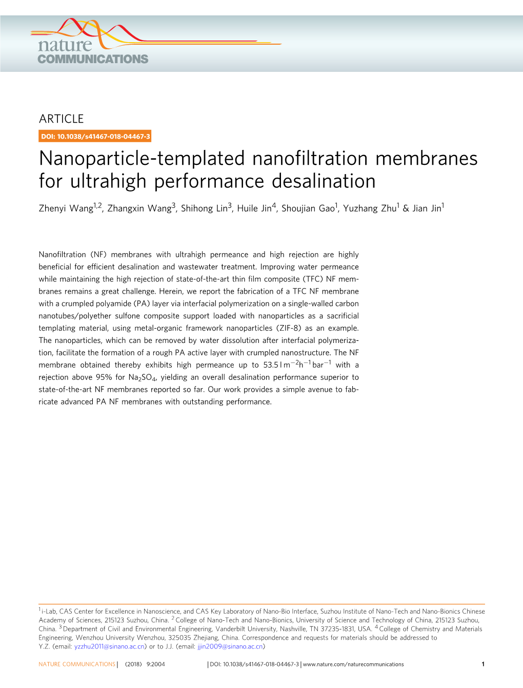 Nanoparticle-Templated Nanofiltration Membranes for Ultrahigh