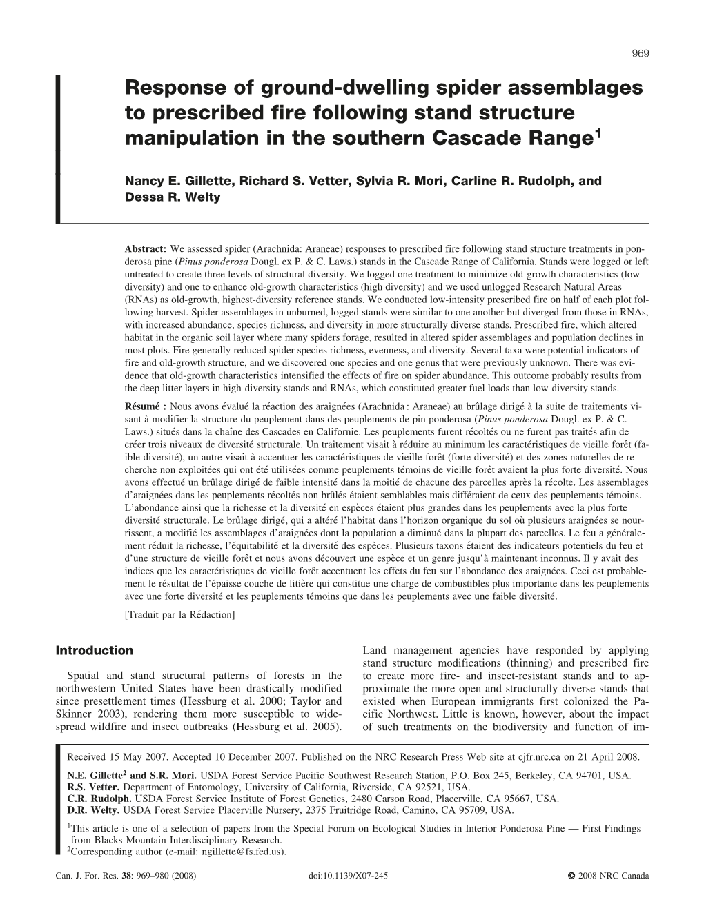 Response of Ground-Dwelling Spider Assemblages to Prescribed Fire Following Stand Structure Manipulation in the Southern Cascade Range1