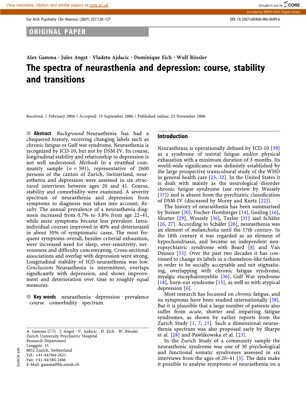 The Spectra of Neurasthenia and Depression: Course, Stability and Transitions