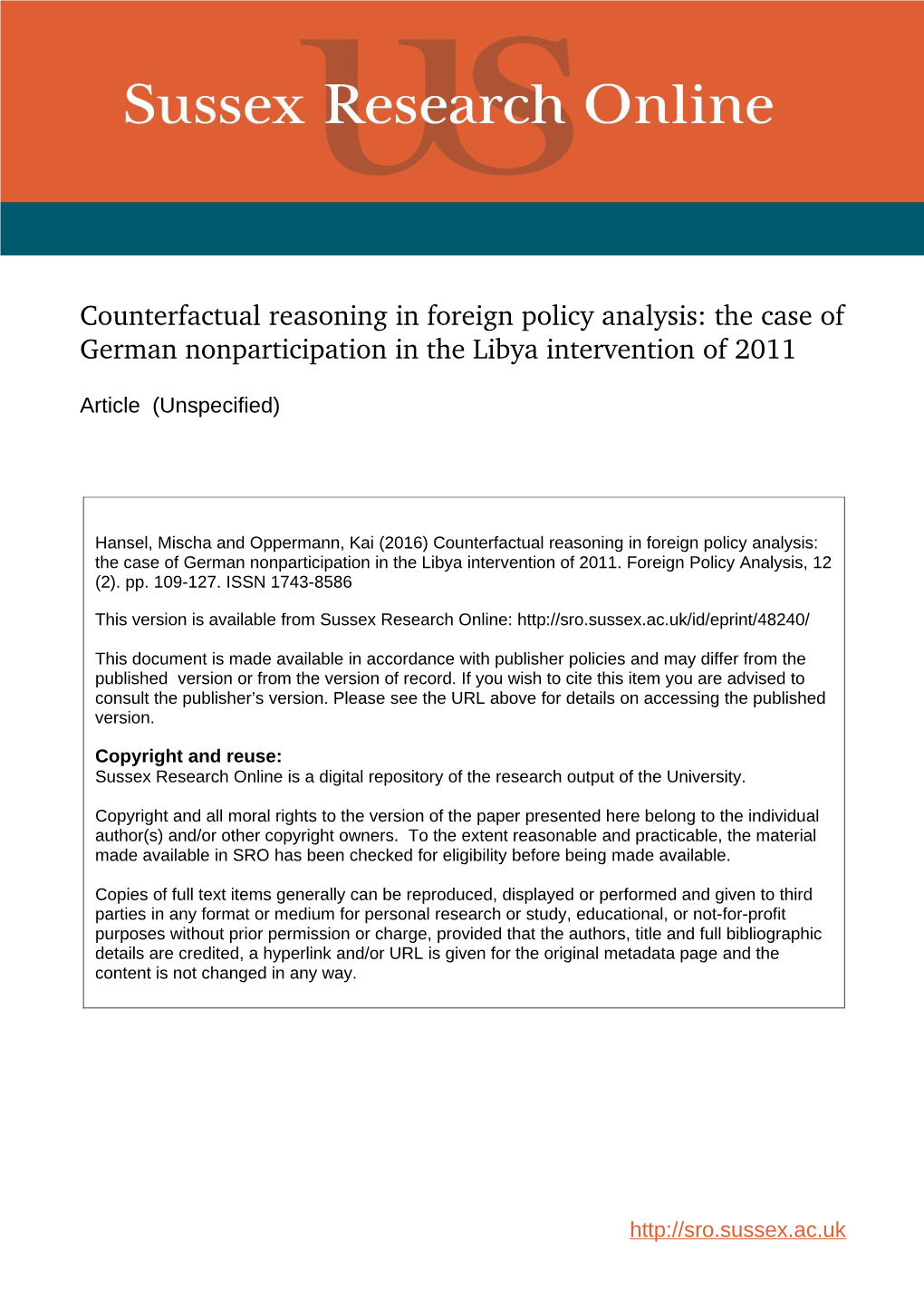 Counterfactual Reasoning in Foreign Policy Analysis: the Case of German Nonparticipation in the Libya Intervention of 2011