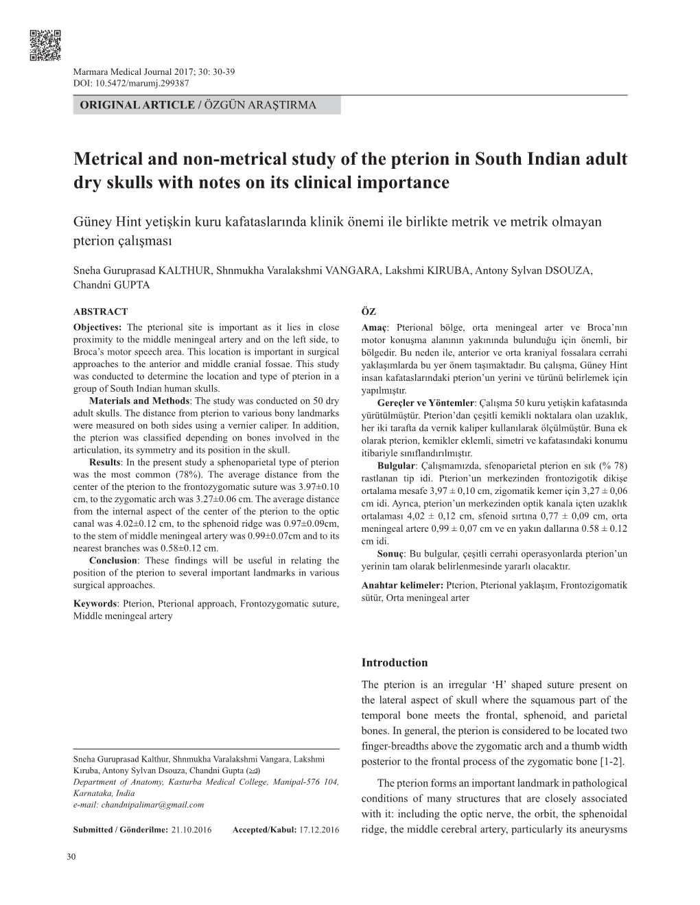 Metrical and Non-Metrical Study of the Pterion in South Indian Adult Dry Skulls with Notes on Its Clinical Importance