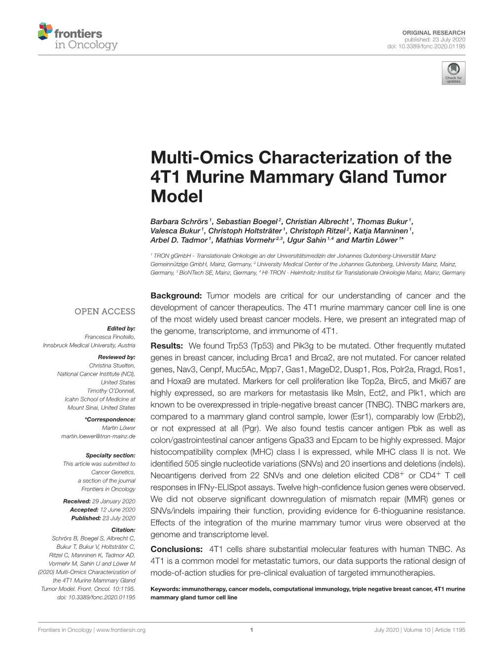 Multi-Omics Characterization of the 4T1 Murine Mammary Gland Tumor Model