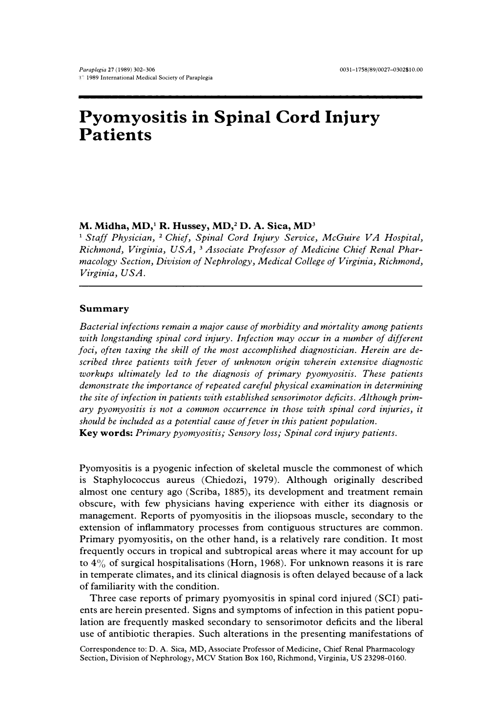 Pyomyositis in Spinal Cord Injury Patients 303