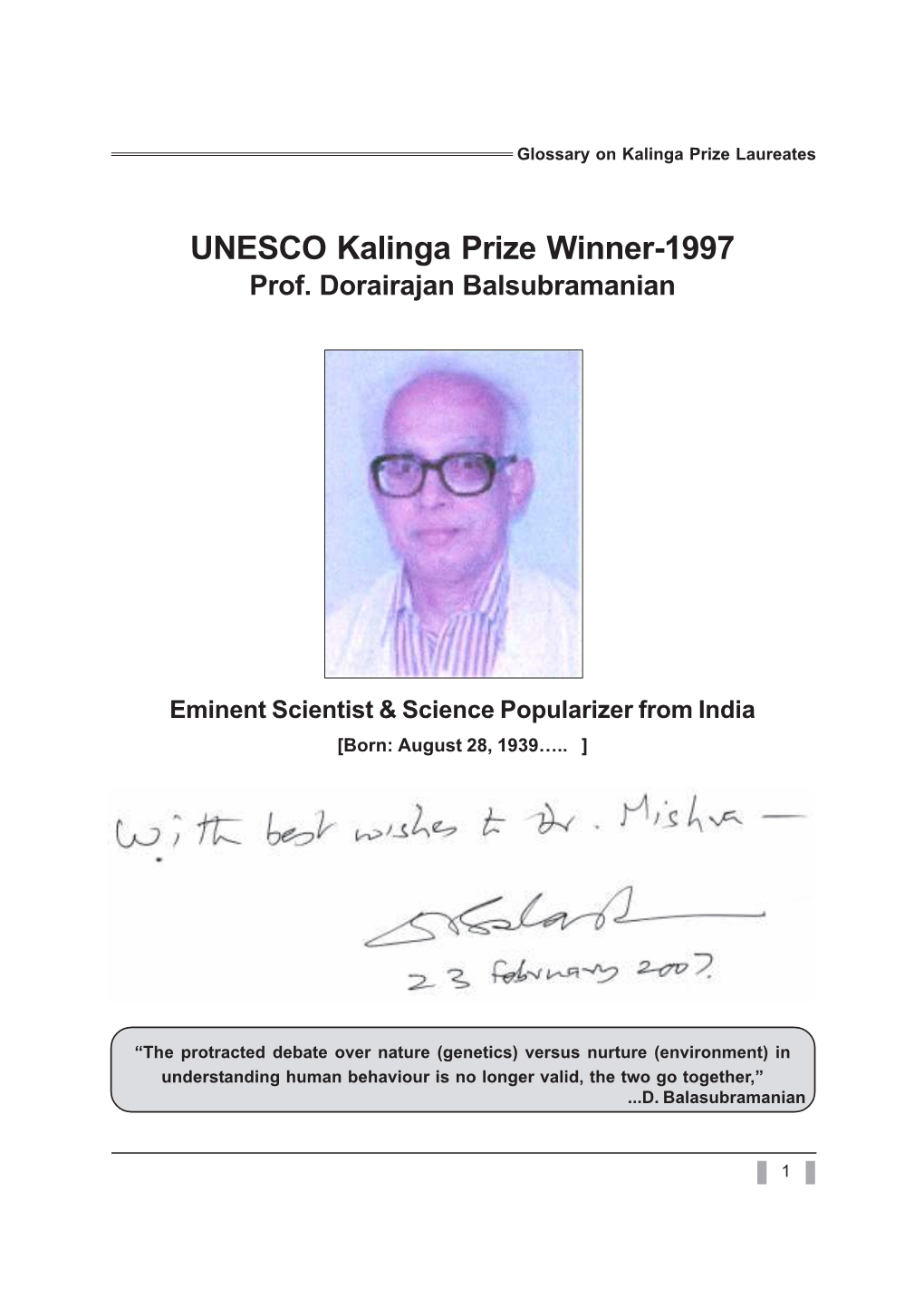 UNESCO Kalinga Prize Winner-1997 Prof