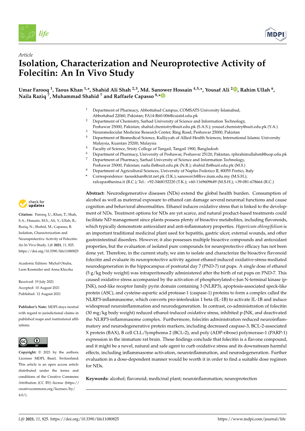 Isolation, Characterization and Neuroprotective Activity of Folecitin: an in Vivo Study