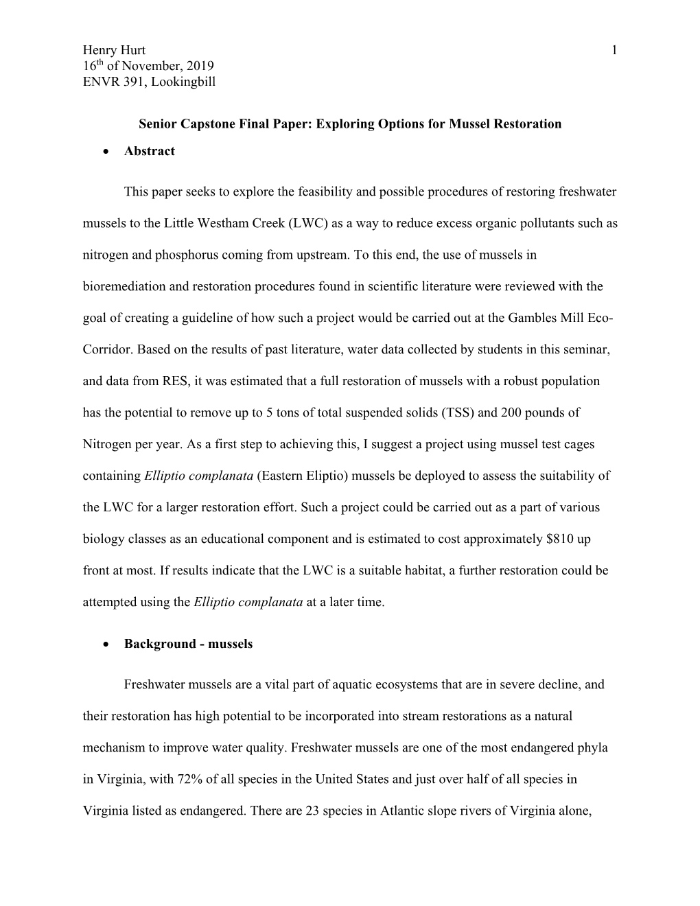 Exploring Options for Mussel Restoration • Abstract