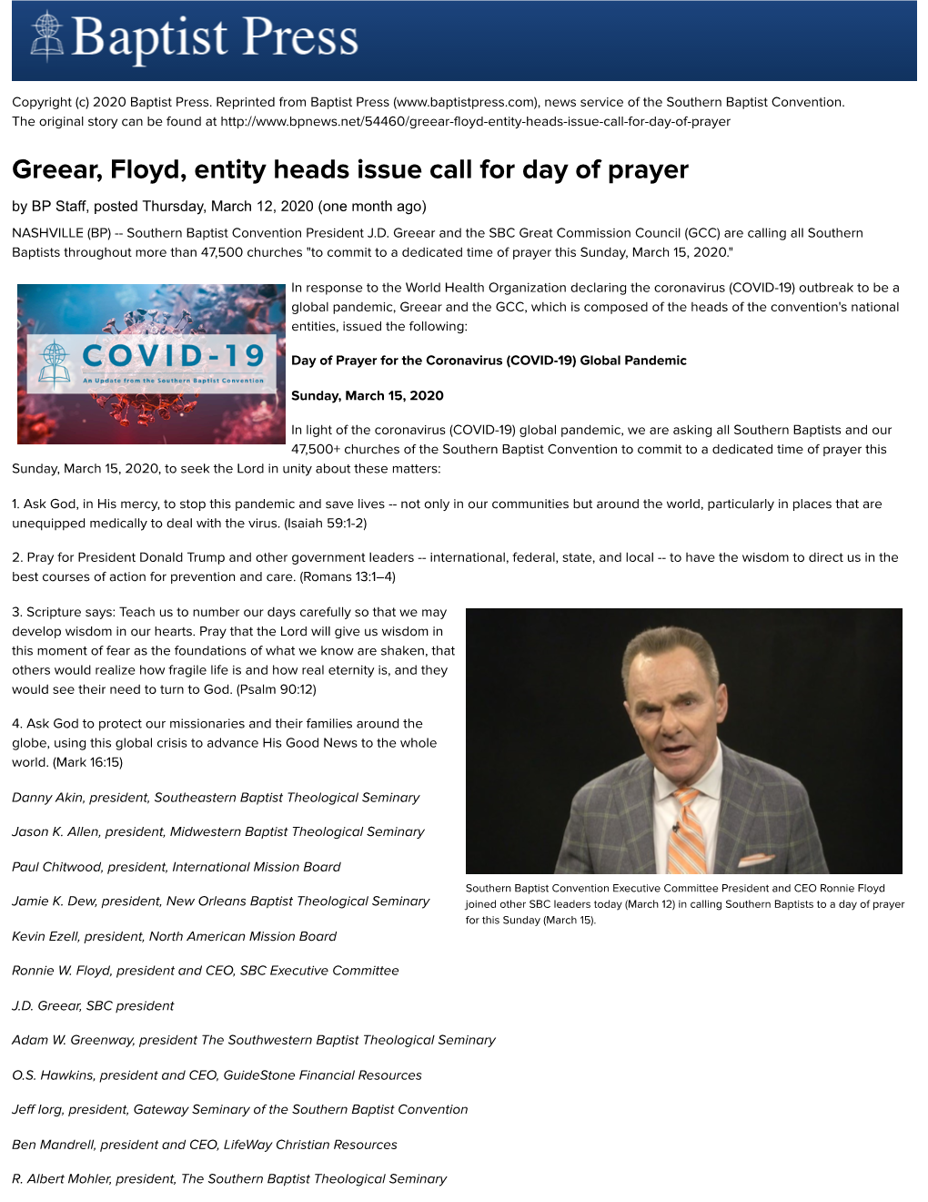 Greear, Floyd, Entity Heads Issue Call for Day of Prayer