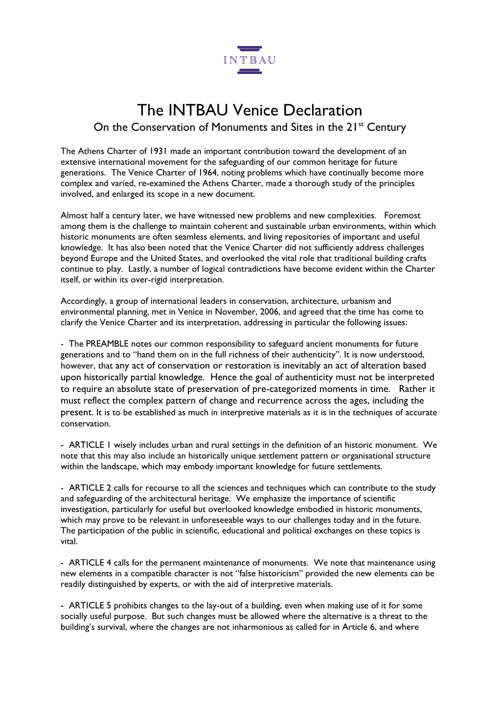 The INTBAU Venice Declaration on the Conservation of Monuments and Sites in the 21St Century